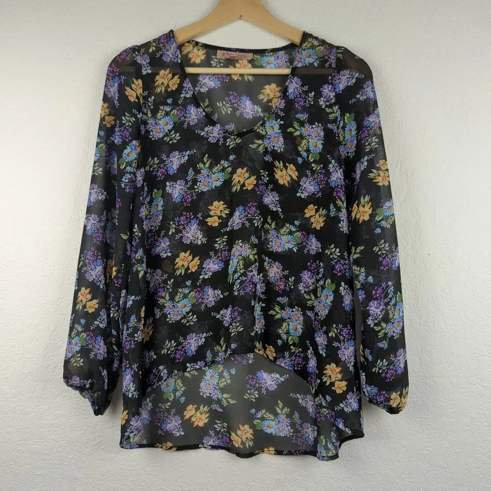 Philosophy Sheer Floral Long Sleeve Blouse S